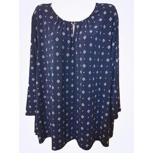 Liz Claiborne Women's Navy Diamond Print Keyhole Top 3/4 Sleeve Flowy Blouse, 2X